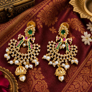 Peacock Design Jhumka Earrings with Pearls