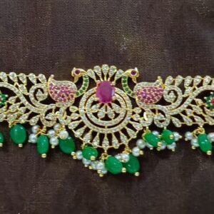 Regal CZ Peacock Hip Belt with Green Drops & White Pearls