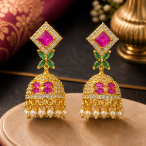 Regal Blossom Ruby-Green Jhumkas