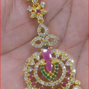 Gold-Plated Bridal Maang Tikka with Ruby & Emerald Stones and Pearl Drops