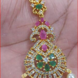 Gold-Plated Bridal Maang Tikka with Ruby, Emerald Stones & Pearl Drops