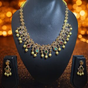 Antique Gold Finish Multicolor Stone Necklace Set with Pearl Drops