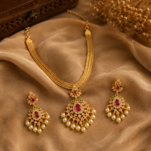 Gold Finish Traditional Chain and Locket Set with Red Stone and Pearl Drops