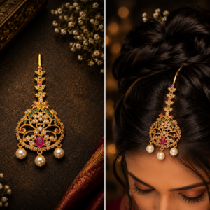 Gold Pink Green Pearl Maang Tikka