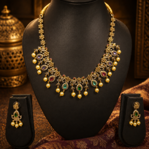 Antique Gold Finish Multicolor Stone Necklace Set with Pearl Drops