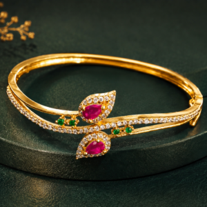 Gold Plated Bracelet with Double Leaf Red Stone Design