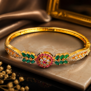 Gold Plated Bracelet with Round Center and Green Stone Detailing