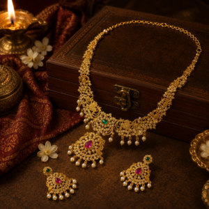 Gold Finish Peacock Design Necklace Set with White Crystal, Green and Red Stones with Pearl Drops