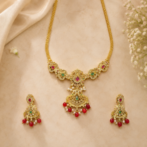 Gold Finish Traditional Necklace Set with White Crystal, Multicolor Stones and Red Bead Drops