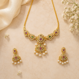 Gold Finish Traditional Necklace Set with White Crystal, Multicolor Stones and Pearl Drops