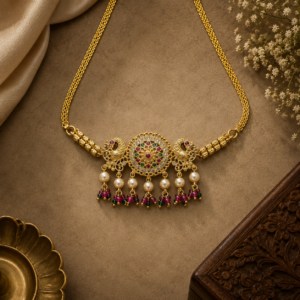 Gold Finish Traditional Temple Choker with White Crystal and Multicolor Stone Detailing