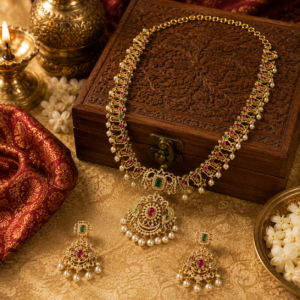 Gold Finish Temple-Inspired Necklace Set with White Crystal, Green and Red Stones with Pearl Drops