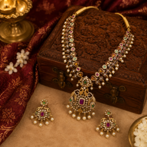 Gold Finish Temple-Style Necklace Set with White Crystal, Green and Red Stones with Pearl Drops