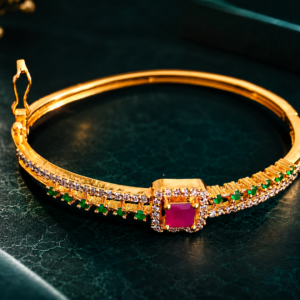 Gold Plated Bracelet with Square Stone and Green Detailing