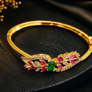 Gold Plated Bracelet with Leaf Design and Red Green Stones
