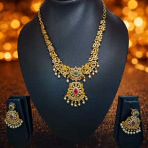Gold Finish Peacock Design Necklace Set with White Crystal, Green and Red Stones with Pearl Drops