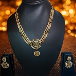 Gold Finish Statement Necklace Set with White Crystal and Green-Red Stone Centerpiece