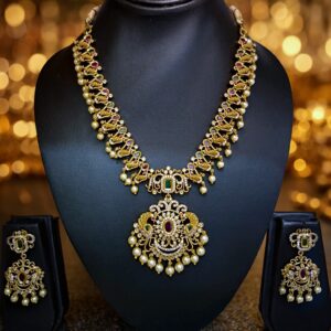 Gold Finish Temple-Inspired Necklace Set with White Crystal, Green and Red Stones with Pearl Drops