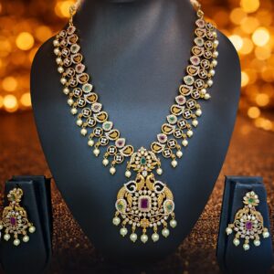 Gold Finish Temple-Style Necklace Set with White Crystal, Green and Red Stones with Pearl Drops