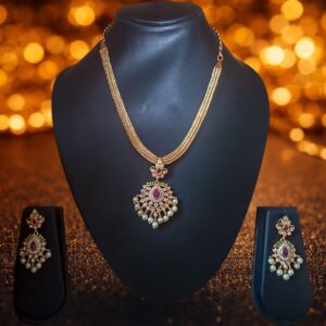 Gold Finish Traditional Chain and Locket Set with Red Stone and Pearl Drops