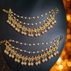 Gold Finish Traditional Ear Chain with White Crystal, Multicolor Stones and Pearl Drops