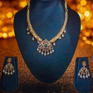 Gold Finish Traditional Necklace Set with Green Stone and Pearl Drops