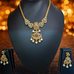 Gold Finish Traditional Necklace Set with White Crystal, Multicolor Stones and Pearl Drops
