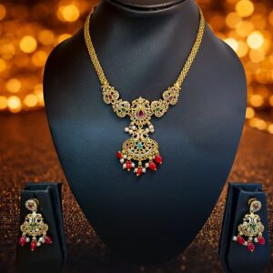 Gold Finish Traditional Necklace Set with White Crystal, Multicolor Stones and Red Bead Drops