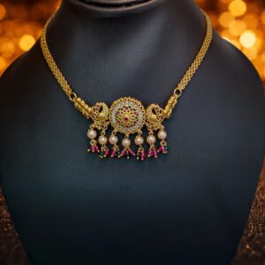 Gold Finish Traditional Temple Choker with White Crystal and Multicolor Stone Detailing