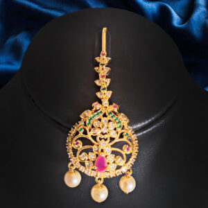 Gold Pink Green Pearl Maang Tikka