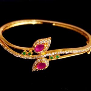 Gold Plated Bracelet with Double Leaf Red Stone Design
