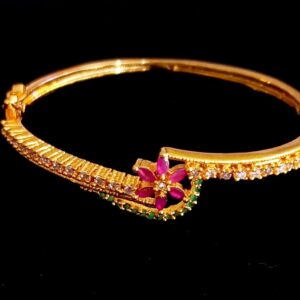 Gold Plated Bracelet with Floral Center and Red Green Stones