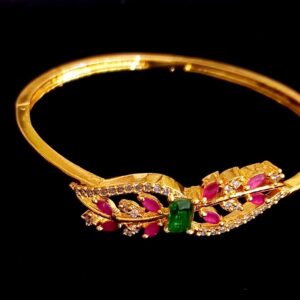 Gold Plated Bracelet with Leaf Design and Red Green Stones
