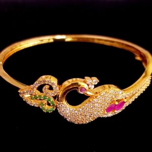Gold Plated Bracelet with Peacock Design and Red Green Stones