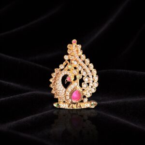 Gold Finish Peacock Motif Saree Pin with White Crystal and Red Stone Center
