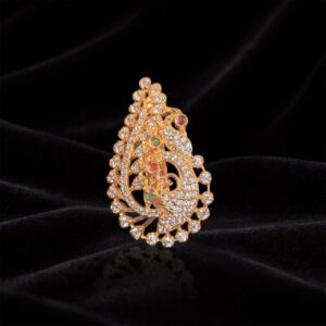 Gold Finish Peacock-Inspired Saree Pin with White and Multicolor Stone Work