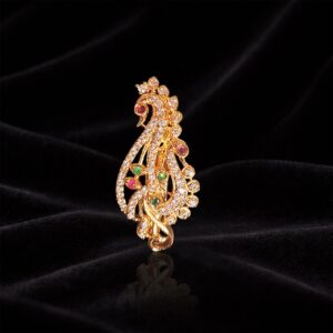 Gold Finish Peacock Motif Saree Pin with White and Green Stone Work