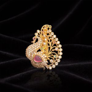 Gold Finish Peacock Saree Pin with White Crystal and Red Stone Highlight