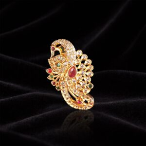 Gold Finish Ornate Peacock Saree Pin with White Crystal and Multicolor Stone Work