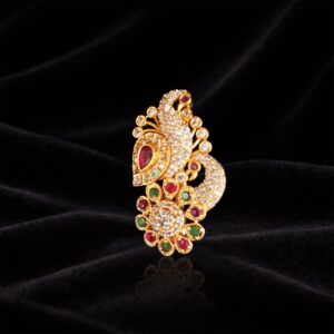 Gold Finish Peacock Saree Pin with White Crystal and Multicolor Floral Stone Design