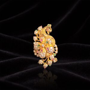 Gold Finish Peacock Saree Pin with White Crystal and Multicolor Stone Embellishment