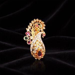 Gold Finish Peacock Design Saree Pin with Multicolor Stones