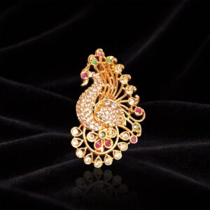 Gold Finish Peacock Design Saree Pin with White Crystal and Multicolor Stone Accents