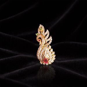 Gold Finish Classic Peacock Saree Pin with White Crystal and Red Stone Accent