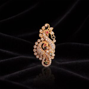 Gold Finish Paisley Peacock Saree Pin with Multicolor Stone Embellishment