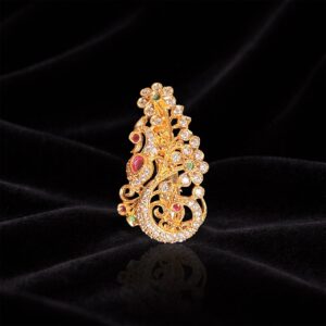 Gold Finish Floral Peacock Saree Pin with White and Multicolor Stone Detailing