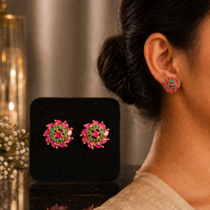 Floral Ruby and Emerald Stud Earrings