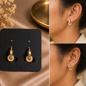 Gold Hoop Earrings with Crystal Charm Drop