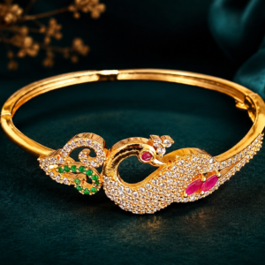 Gold Plated Bracelet with Peacock Design and Red Green Stones