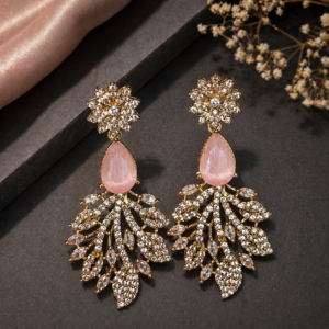 Designer Crystal Jhumka Earrings with Pink Stone Drop
